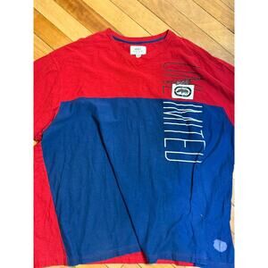 Ecko Unltd Shirt Mens 6 XB Navy Blue V-Neck Embroidered Graphic Streetwear